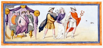 Talthybios and Eurybates take the virgin Briseis before Achilles, who stands in the tent of the Myrmidones. Iliad Chant I, v 345. Engraving from the end of the 18th century by Unknown artist