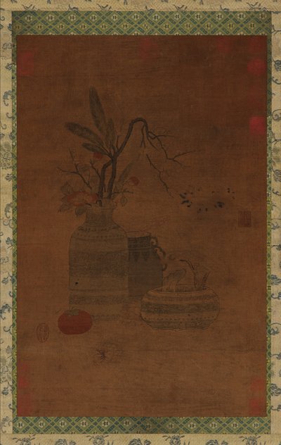 Tapestry: a bowl, two jars, flowers, and fruit by Unknown artist