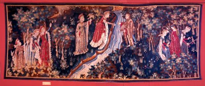 Tapestry depicting a novel scene: a young woman of nobility seeking to reach her lover on the other side of the river. The young woman is covered by her followers with a wreath of flowers. 1420 approx. From Arras by Unknown artist