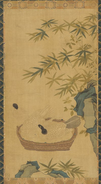 Tapestry: Doves Bathing in a Bowl; Rocks and Bamboos by Unknown artist