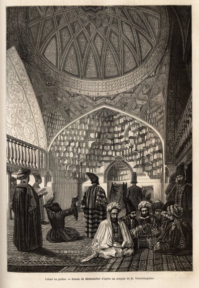 Tatars in prayer, in the Mosque of Schusha (Transcaucasia, Russia). Engraving to illustrate the voyage in the provinces of the Caucasus, by Basile Vereschaguine, in 1864-1865, published in le tour du monde, under the direction of Edouard Charton, Ha by Unknown artist