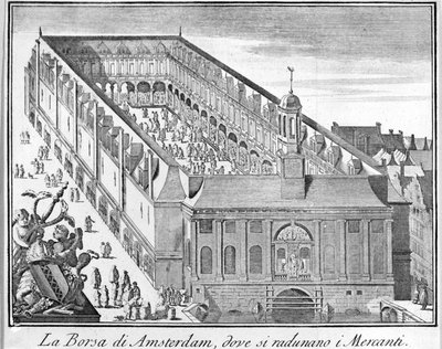 The Amsterdam Stock Exchange where merchants gather. 18th century engraving. by Unknown artist