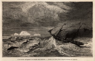 The Arcturus, a Danish liner serving between Copenhagen and Iceland, on which the author embarks to reach Reykjavik, sailing among the whales. Engraving to illustrate the voyage in Iceland, story by Noel Nougaret, in 1866, published in Le tour du monde by Unknown artist