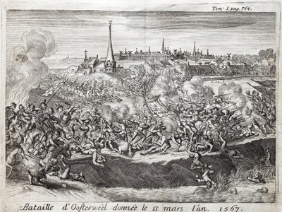 The Battle of Oosterweel, held on 13 March 1567, the first confrontation of the War of Eighty Years. Engraving to illustrate History of the War of Flanders, by Flamianus Strada, edition Joseph T