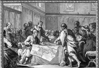 The Carolingian Empire was divided between the three sons of Louis the Pious: Lothaire I, Louis the Germanic and Charles the Bald, according to the Treaty of Verdun (843). Engraving of the 18th century. by Unknown artist