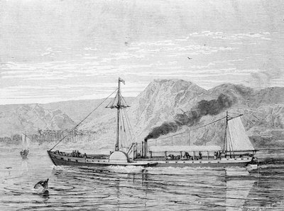 The Clermont, a boat built in 1807 by Robert Fulton to provide the New York - Albany connection on the Hudson River. Engraving 19th century by Unknown artist
