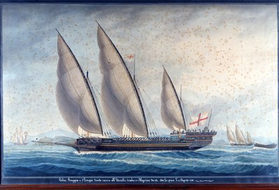 The Genoa galleys Raggia and San Giorgio pursue the Algerian chebec Uccello. 11 August 1788 by Unknown artist