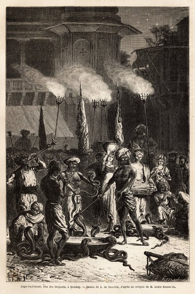 The Pantchami naga, or snake feast, in Bombay, to ensure protection against their deadly bites, long processions of women cross the streets to the outskirts of the temples, where they will find offerings of rice and sugar to the god Krishna, who killed the by Unknown artist