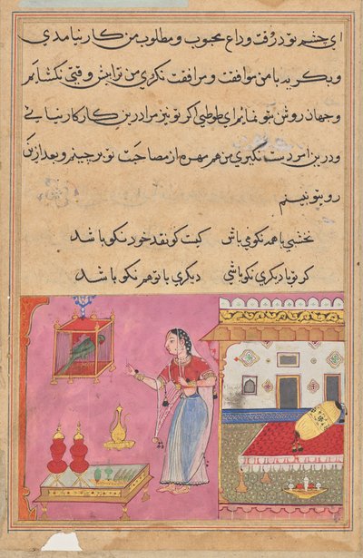 The Parrot Addresses Khujasta at the Beginning of the Twentieth Night, from a Tuti-nama (Tales of a Parrot) by Unknown artist