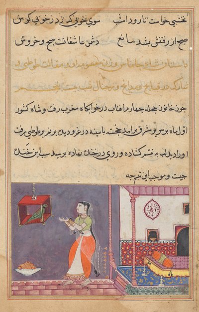 The Parrot Addresses Khujasta at the Beginning of the Twenty-fifth Night, from Tales of a Parrot by Unknown artist