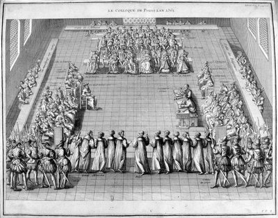 The Poissi Colloquium (Poissy) in 1561. In the center the King of France Charles IX and Queen Mother Catherine de Medicis by Unknown artist