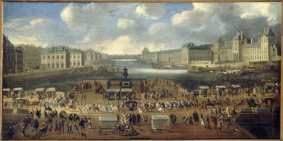 The Pont-Neuf, seen from the Place Dauphine entrance, the Quai Malaquais with the Collège des Quatre-Nations, the Grande Galerie and the Louvre, circa 1669. A procession passes over the bridge. Present-day 1st and 6th arrondissements, between 1665 and 1669 by Unknown artist