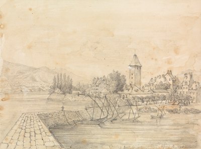The Port of Ouchy; graphite study of two women with caps by Unknown artist