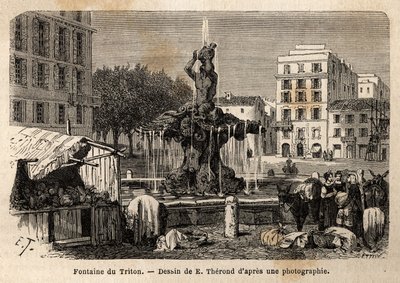 The Triton Fountain, in Rome, created in 1643 by Gian Lorenzo Bernini (1598-1680), on the Barberini Square. Engraving to illustrate the voyage to Rome, by Francis Wey, in 1864-1868, published in Le tour du monde, nouveau journal des voyages by Unknown artist