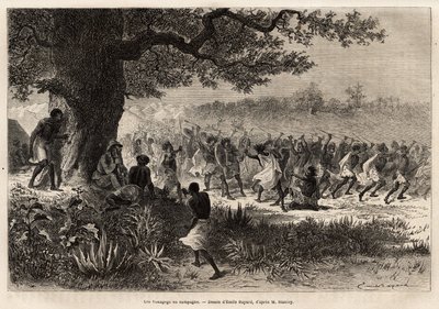The Vouagogo (tribe of Tanzania) in preparation for war, under the tree, the author of the story Henry Morton Stanley (1841-1904). Engraving to illustrate the voyage in search of Livingstone, in central Africa by Unknown artist