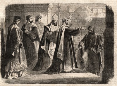 The archbishop Saint Ambrose of Milan prohibited the entrance of the church to Roman emperor Theodosius I to punish him for the massacre of Thessalonica in 390 by Unknown artist