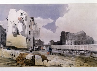 The banks of the Seine and Notre Dame de Paris - lithography by Unknown artist