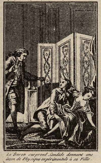 The baron surprises Candide giving a lesson in experimental physics to his daughter. Frontispiece for 