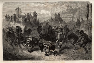 The Bison Dance Performed by the Warriors in the Mandan Indians. Engraving to Illustrate an Excursion Among the Indian Tribes of the Basins of Columbia and Upper Missouri, by G. Catlin, in 1855, Published in Le Tour du Monde, Nouveau Journal des Voyages by Unknown artist