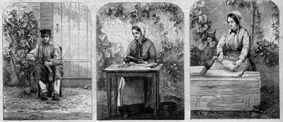 The bottling of Champagne wine. Engraving from 1864 by Unknown artist