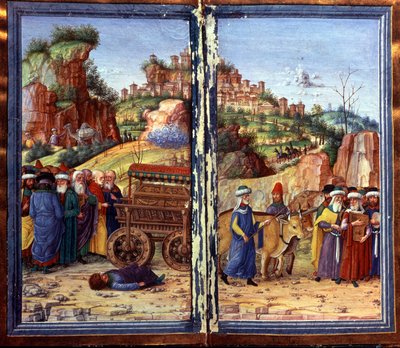 The carriage of the Holy Ark of the Covenant, followed by David playing the psalterion; Ozam, who had tried to hold her, is on the ground, dead. David