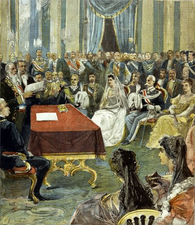 The civil marriage of the Prince of Naples with Princess Helene of Montenegro at the Quirinal Palace in 1896. Humbert I on the left of the bride by Unknown artist
