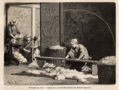 The Cleaning of Cotton in a Workshop in Yedo (Tokyo). Engraving to Illustrate Japan by Unknown artist