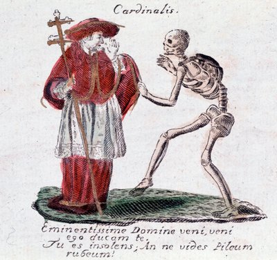 The dance of death, the cardinal and a skeleton (Print) by Unknown artist