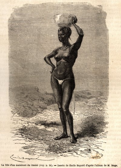 The daughter of a marabout from Oualet (Mauritania), wearing a jatte on his head to make black soap. Engraving to illustrate the voyage to Western Sudan of Lieutenant (Navy) M.Mage, in 1863-1866, published in 