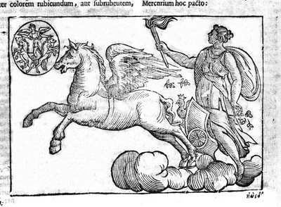 The dawn (the chariot of the sun). Allegory of the sunrise with the characters of Greek and Roman mythology in the sky. Engraving from Mythologiae sive explicationes fabularum by Natalis Comitis. 1637 by Unknown artist