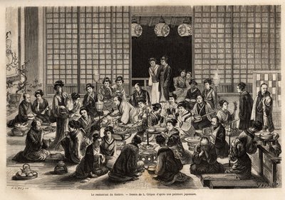 The dining room of the Yokohama Theatre is permanently filled, even during the performance. Engraving to illustrate the journey to Japan, by Aime Humbert, minister of the Swiss Confederation, in 1863-1864, published in 