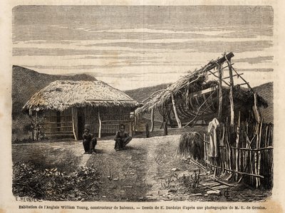 The dwelling and shipyard of an English builder near Noumea, who uses indigenous labour or condemns them until the end of their time of hard work. Engraving to illustrate the voyage to New Caledonia, by Jules Garnier, civil engineer of mines, in 18 by Unknown artist