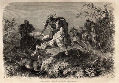 The Dyaks (indigenous to Borneo) hunting, riding and lassos weapons. Engraving to illustrate the voyage in the Malaysian archipelago by Unknown artist