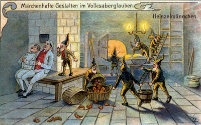 The elves, wonderful characters of the popular tradition: they prepare bread while the bakers sleep. Chromolithograph of the 19th century. by Unknown artist