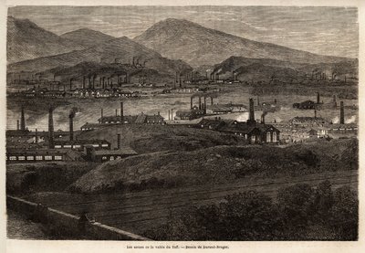 The factories of the Taff Valley. Drawing by Durand Brager, to illustrate a visit to the major factories in Wales in 1862, by L.Simonin. Engraving in 