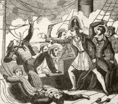 The female pirate boarding the English ship 