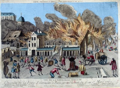 The Fire of the Saint Germain Fair in Paris, on the Night of 16 to 17 March 1762, Seen from the Door of the Treille. Engraving of the 18th Century by Unknown artist