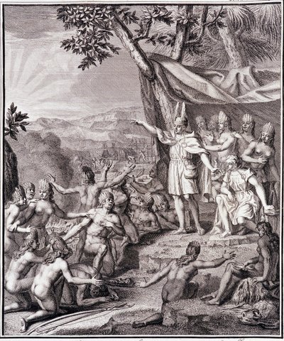 The first Inca Manco Capac and Queen Coya Mama Oello Huaco his wife both children of the Sun gather the savages - in Historical Journey of South America done by order of the King of Spain by Don Georges Juan & Don Antoine de Ulloa, T.II, ed. Jombert by Unknown artist