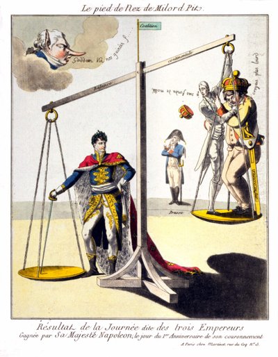 The foot of the Nose of Milord Pit - The result of the so-called Day of the Three Emperors - Won by His Majesty Napoleon, on the day of the 1st Anniversary of his coronation. Cartoon about Napoleon I and the 3rd coalition by Unknown artist