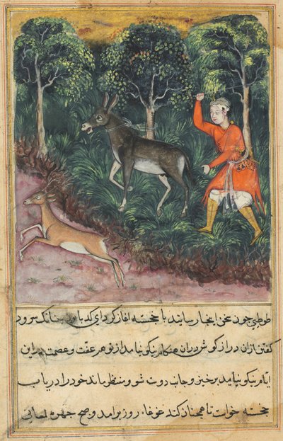 The gardener seizes and beats a donkey who insisted on braying, while the deer, its companion flees to safety, from Tales of a Parrot: Forty-first Night by Unknown artist