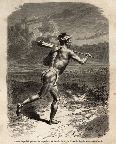 The imperial runner, carrying the Mikado dispatches. Engraving to illustrate the voyage to Japan, in 1863-1864, by Aime Humbert, minister of the Swiss Confederation, in 