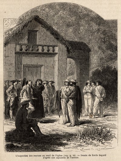 The inspection of recruits at the threshold of the church of Marcapata (Peru), by the pastor of the village, who verify the state of health and strength of the complacent Indians, to form the team of the author