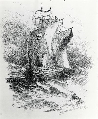 The legend of the Ghost Ship or the Flying Dutchman: a Dutch commander wanting to try the fate would have been condemned to wander on his ship forever bringing misfortune to the ships crossing his way. Engraving of the 19th century by Unknown artist