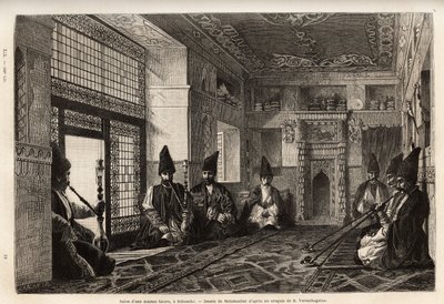 The living room of a rich Tatar house in Schusha (Transcaucasia, Russia), where men gather, sitting on carpets to smoke the pipe and chat. Engraving to illustrate the voyage in the provinces of the Caucasus, by Basile Vereschaguine, in 1864-1865, published by Unknown artist