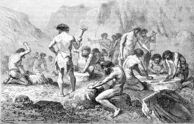 The manufacture and polishing of flint by prehistoric men in Pressigny. by Unknown artist