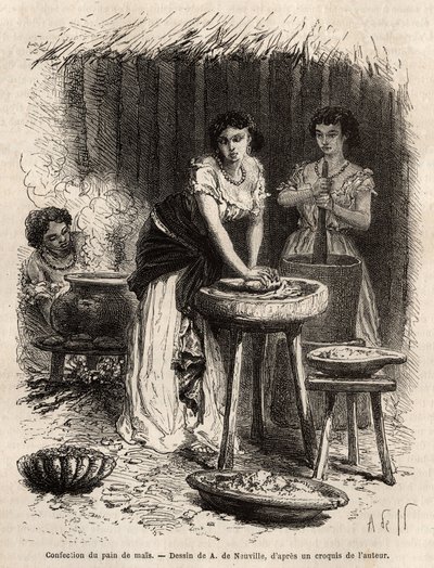 The manufacture of corn bread, the basis of food, by women of the Great Cauca Valley (Colombia). Engraving to illustrate the voyage to New Granada, by Dr. Saffray, in 1869, published in “Le tour du monde” 1873, edited by Edouard Charton by Unknown artist