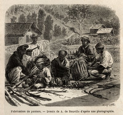 The manufacture of palm leaf baskets, for the collection of coffee. Engraving to illustrate the voyage to Brazil, story by M. and Mme Agassiz, in 1865-1866, published in 