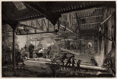 The manufacture of the rails in the old forges of Le Creusot, the steel strips, white of heat, extend in rails between the rolling mills. Engraving to illustrate a voyage to the Creusot and the mines of Saone and Loire, in 1865, by L. Simonin, in 