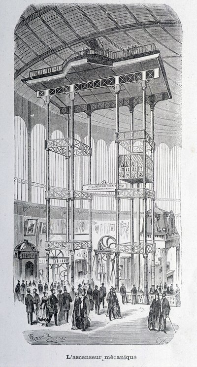 The mechanical lift of the engineer Edoux at the world exhibition of 1867 (engraving) by Unknown artist
