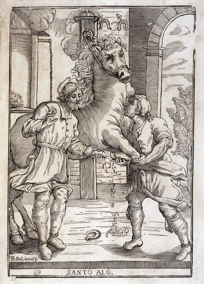 The miracle of Saint Eloi (healing an amputee horse) - engraving by Unknown artist